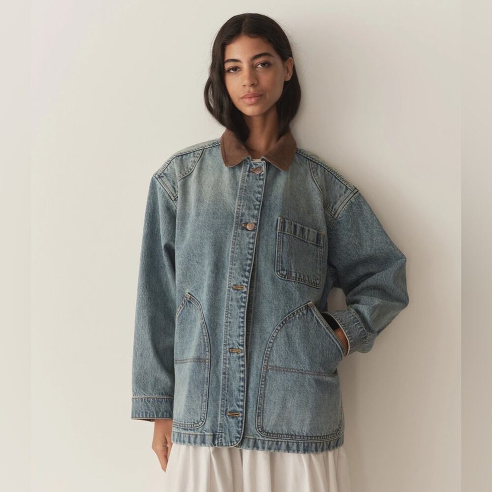NWT Doen Pascual Cotton Denim Jean Corduroy Collar Barn Jacket Deveraux Wash